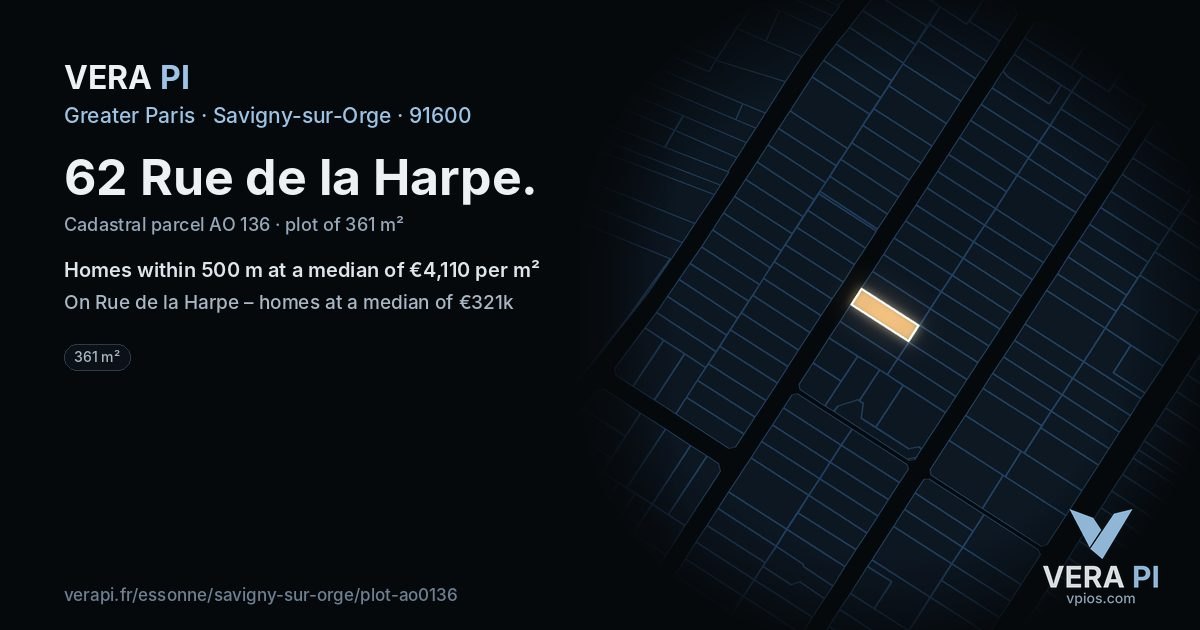 62 Rue de la Harpe, Savigny-sur-Orge at night – the plot lit, the parcels around coloured by the prices near them