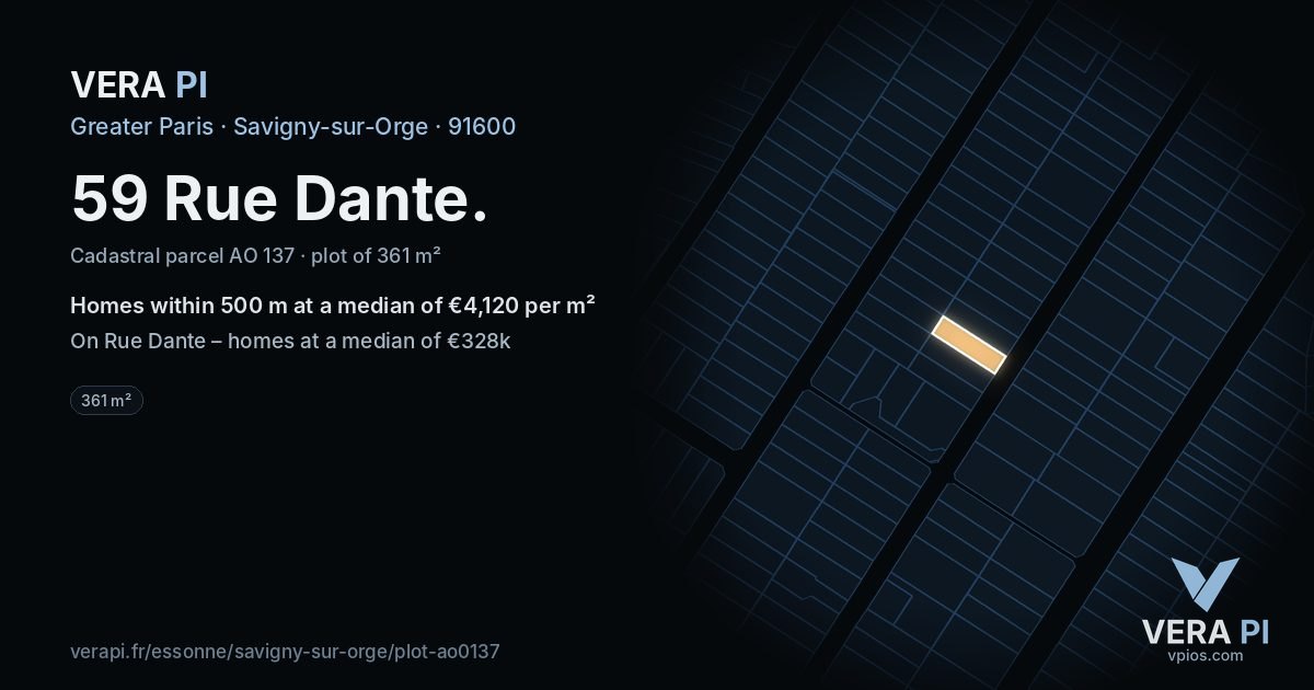 59 Rue Dante, Savigny-sur-Orge at night – the plot lit, the parcels around coloured by the prices near them