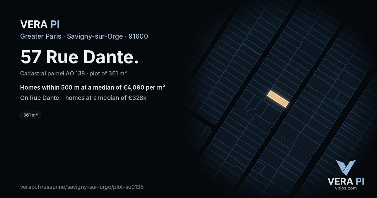 57 Rue Dante, Savigny-sur-Orge at night – the plot lit, the parcels around coloured by the prices near them