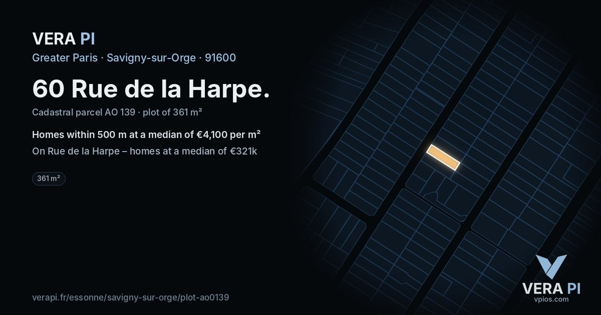 60 Rue de la Harpe, Savigny-sur-Orge at night – the plot lit, the parcels around coloured by the prices near them
