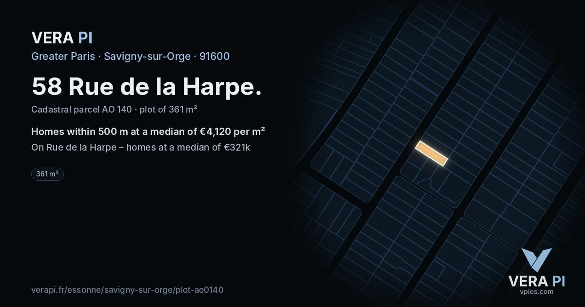 58 Rue de la Harpe, Savigny-sur-Orge at night – the plot lit, the parcels around coloured by the prices near them
