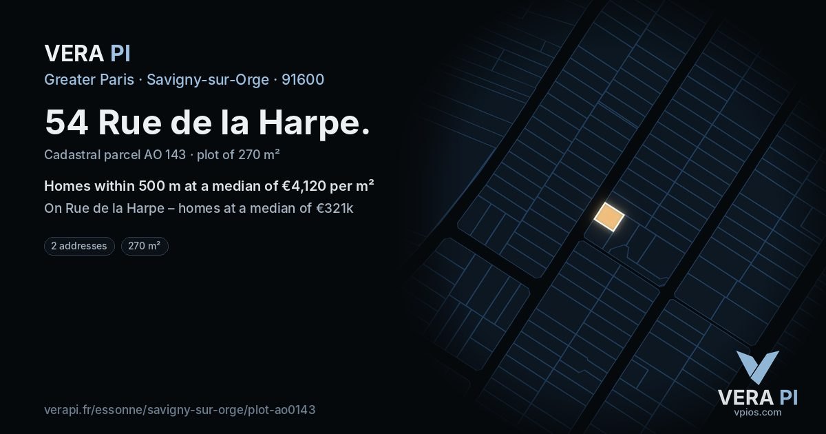 54 Rue de la Harpe, Savigny-sur-Orge at night – the plot lit, the parcels around coloured by the prices near them