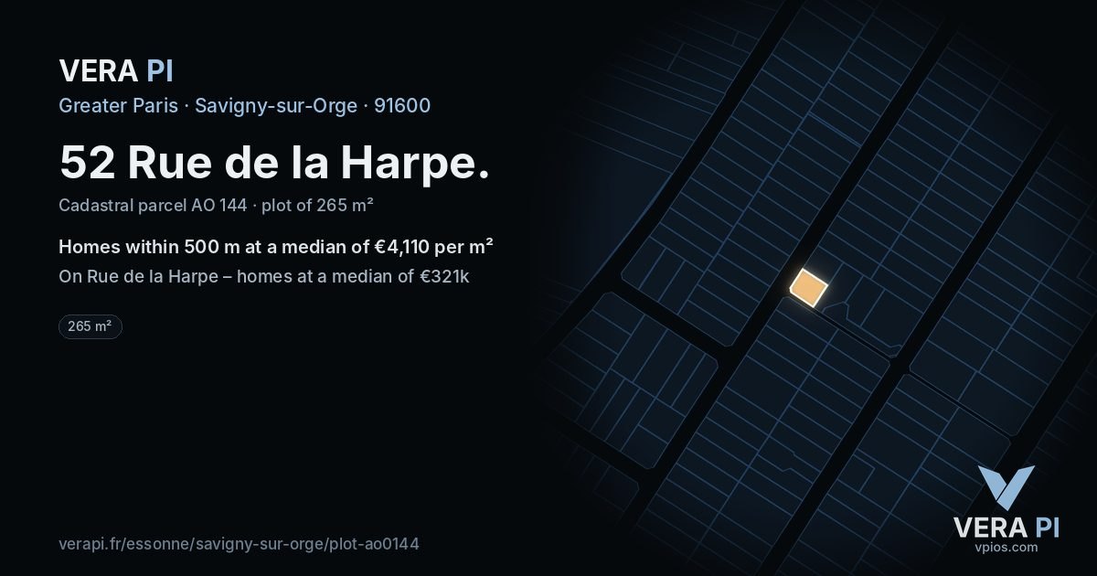 52 Rue de la Harpe, Savigny-sur-Orge at night – the plot lit, the parcels around coloured by the prices near them