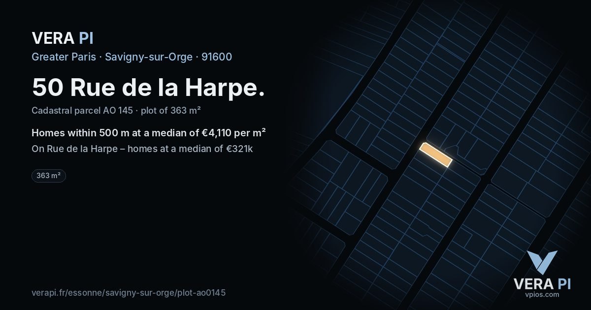 50 Rue de la Harpe, Savigny-sur-Orge at night – the plot lit, the parcels around coloured by the prices near them