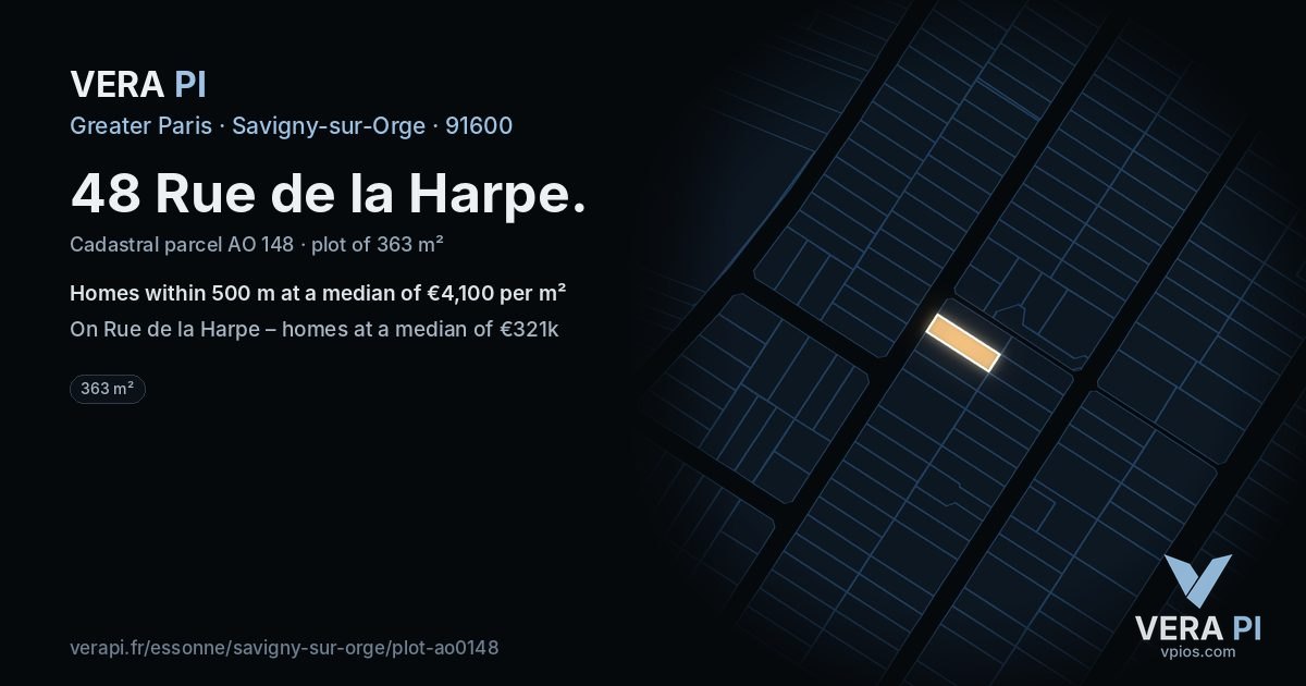 48 Rue de la Harpe, Savigny-sur-Orge at night – the plot lit, the parcels around coloured by the prices near them