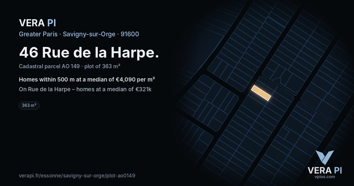 46 Rue de la Harpe, Savigny-sur-Orge at night – the plot lit, the parcels around coloured by the prices near them
