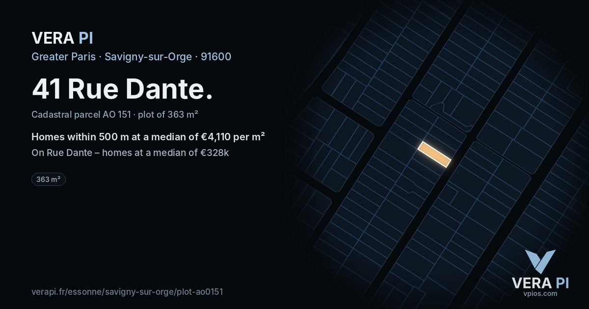 41 Rue Dante, Savigny-sur-Orge at night – the plot lit, the parcels around coloured by the prices near them