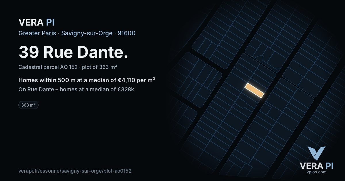 39 Rue Dante, Savigny-sur-Orge at night – the plot lit, the parcels around coloured by the prices near them