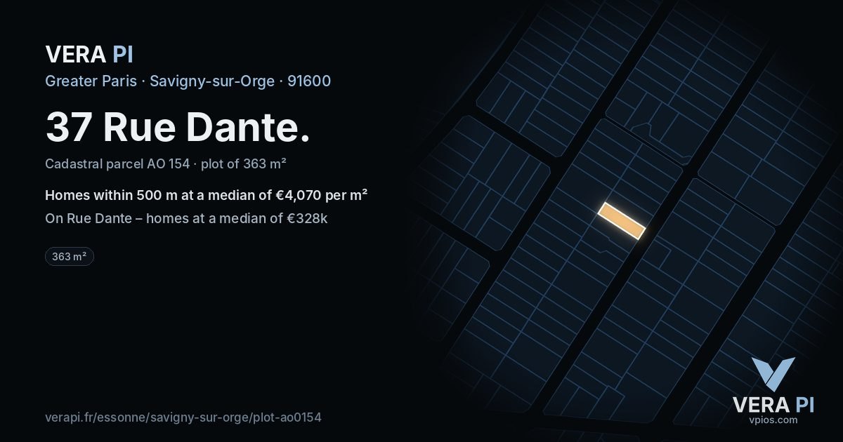 37 Rue Dante, Savigny-sur-Orge at night – the plot lit, the parcels around coloured by the prices near them