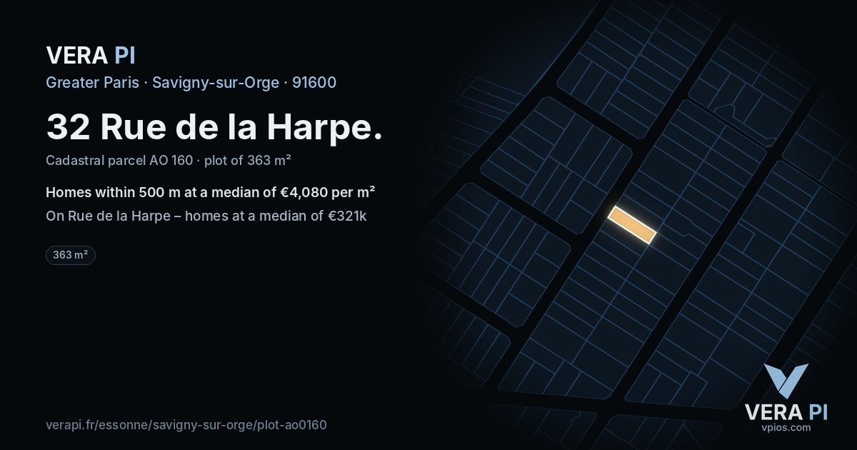 32 Rue de la Harpe, Savigny-sur-Orge at night – the plot lit, the parcels around coloured by the prices near them