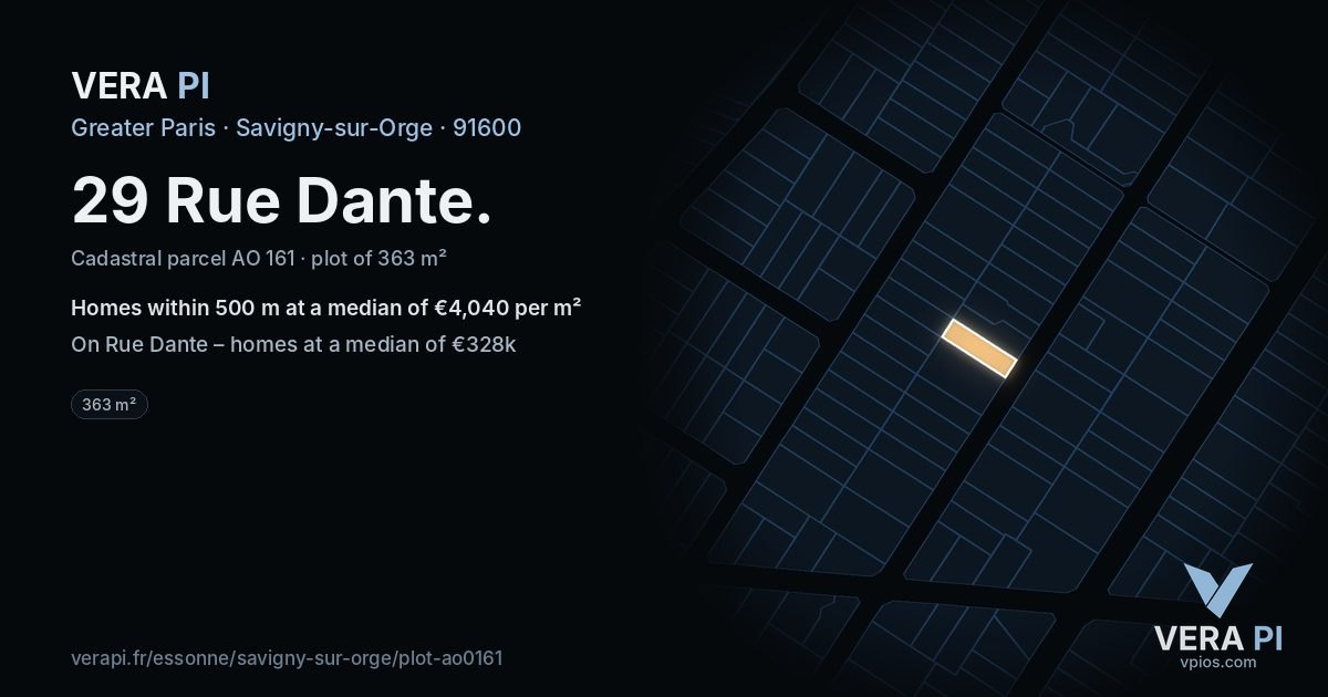 29 Rue Dante, Savigny-sur-Orge at night – the plot lit, the parcels around coloured by the prices near them