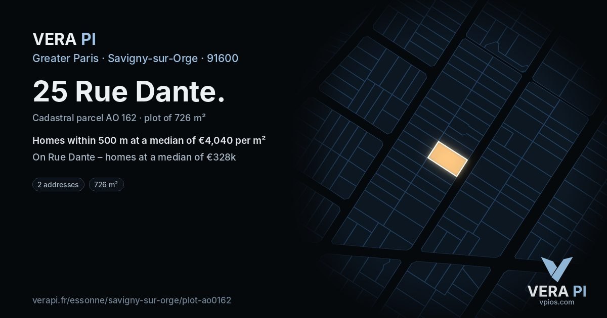25 Rue Dante, Savigny-sur-Orge at night – the plot lit, the parcels around coloured by the prices near them