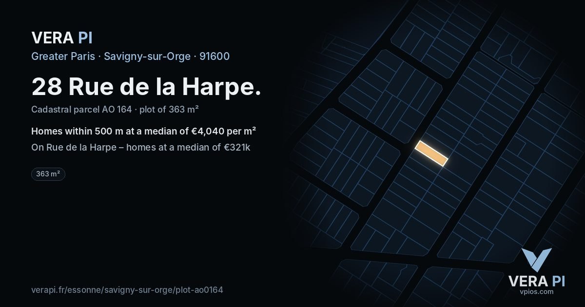 28 Rue de la Harpe, Savigny-sur-Orge at night – the plot lit, the parcels around coloured by the prices near them