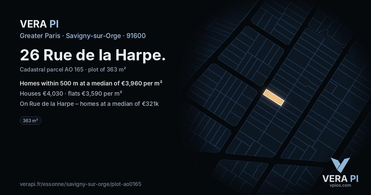 26 Rue de la Harpe, Savigny-sur-Orge at night – the plot lit, the parcels around coloured by the prices near them