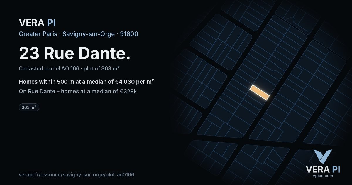 23 Rue Dante, Savigny-sur-Orge at night – the plot lit, the parcels around coloured by the prices near them