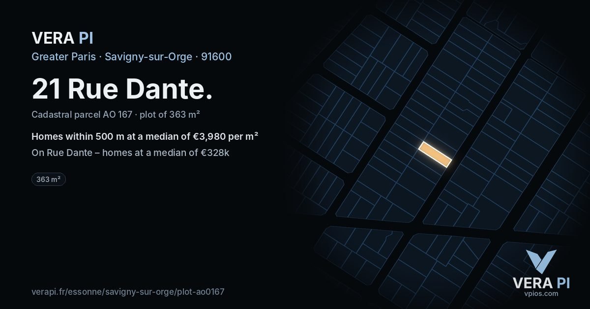 21 Rue Dante, Savigny-sur-Orge at night – the plot lit, the parcels around coloured by the prices near them