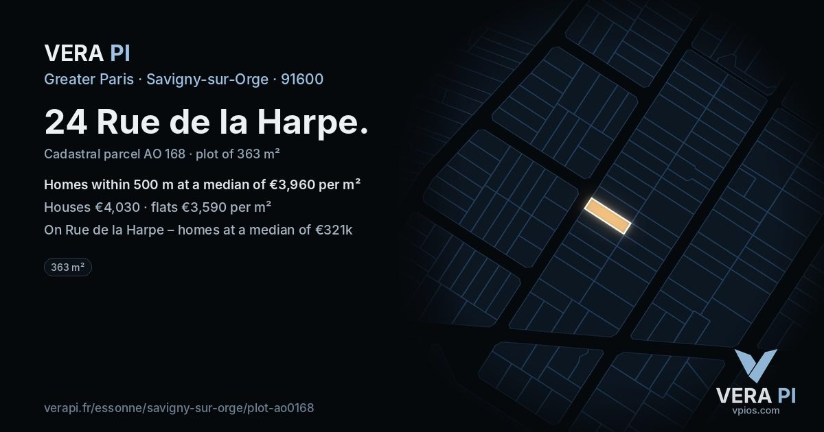 24 Rue de la Harpe, Savigny-sur-Orge at night – the plot lit, the parcels around coloured by the prices near them