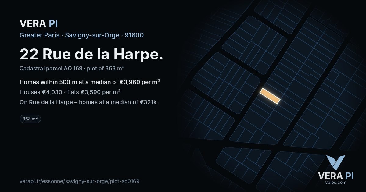 22 Rue de la Harpe, Savigny-sur-Orge at night – the plot lit, the parcels around coloured by the prices near them