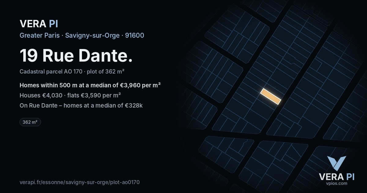 19 Rue Dante, Savigny-sur-Orge at night – the plot lit, the parcels around coloured by the prices near them
