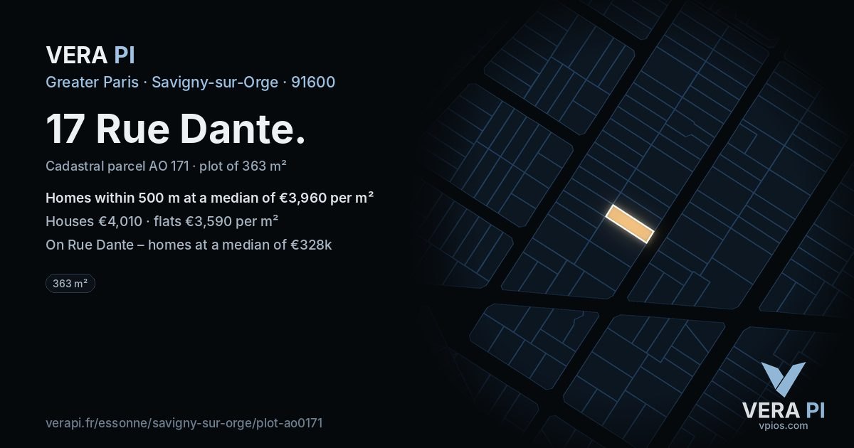 17 Rue Dante, Savigny-sur-Orge at night – the plot lit, the parcels around coloured by the prices near them
