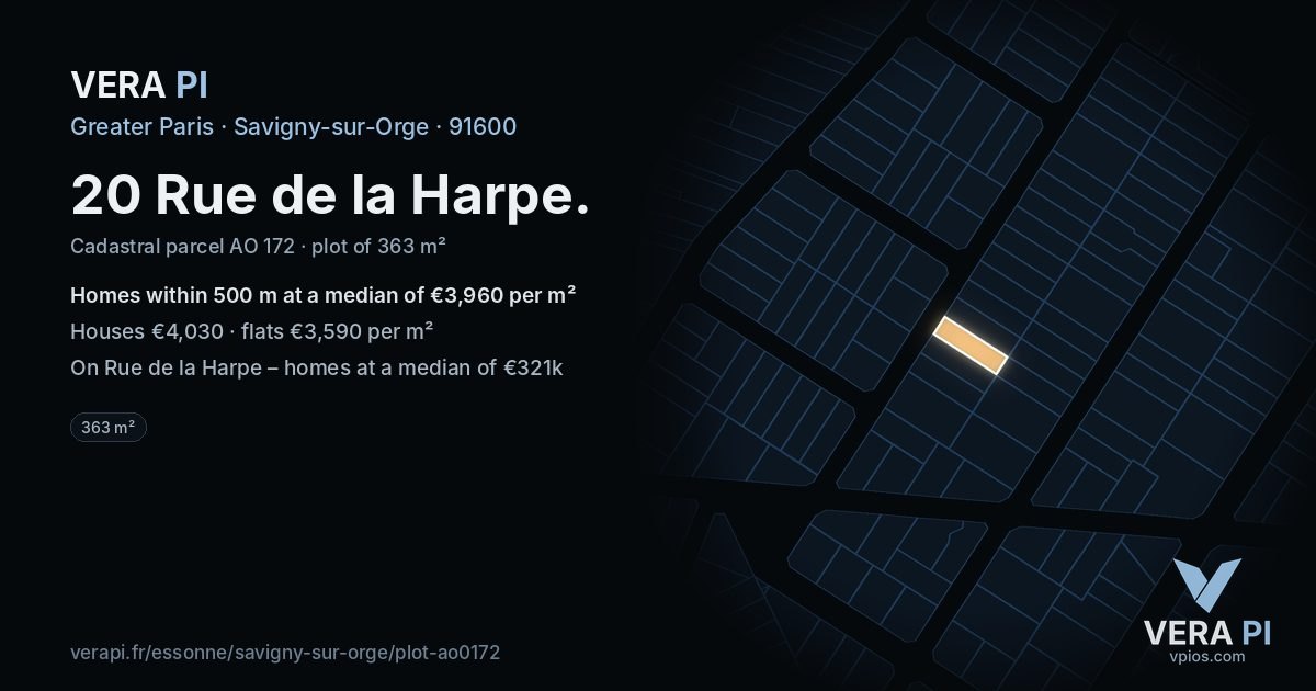 20 Rue de la Harpe, Savigny-sur-Orge at night – the plot lit, the parcels around coloured by the prices near them