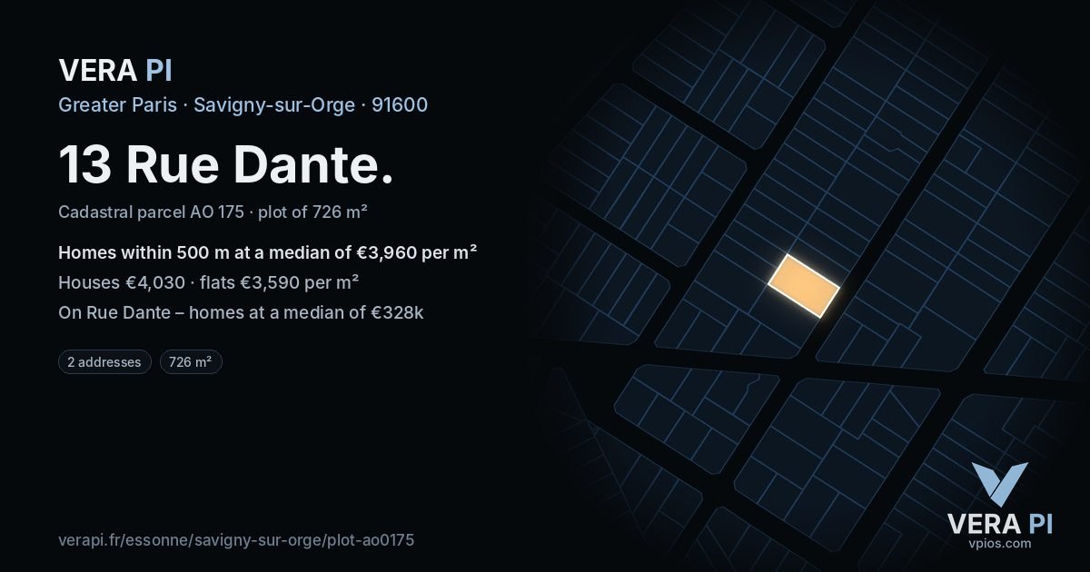 13 Rue Dante, Savigny-sur-Orge at night – the plot lit, the parcels around coloured by the prices near them