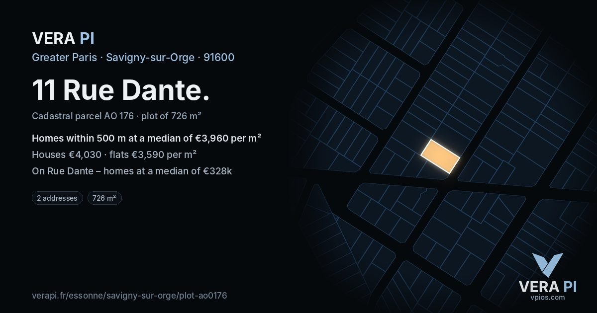 11 Rue Dante, Savigny-sur-Orge at night – the plot lit, the parcels around coloured by the prices near them