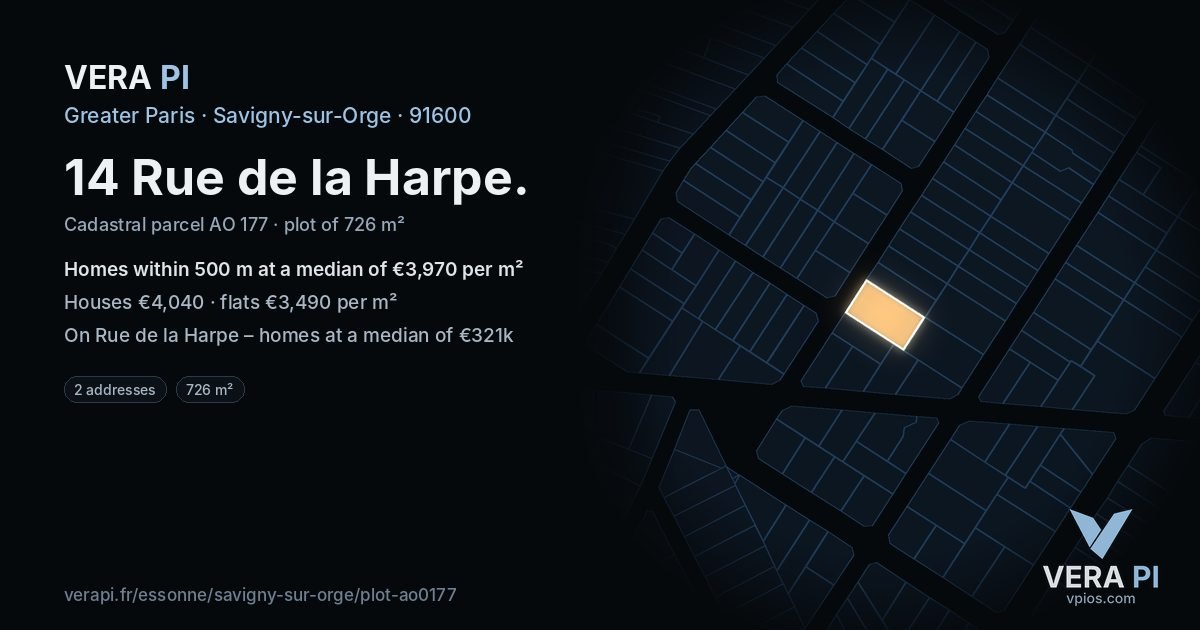 14 Rue de la Harpe, Savigny-sur-Orge at night – the plot lit, the parcels around coloured by the prices near them