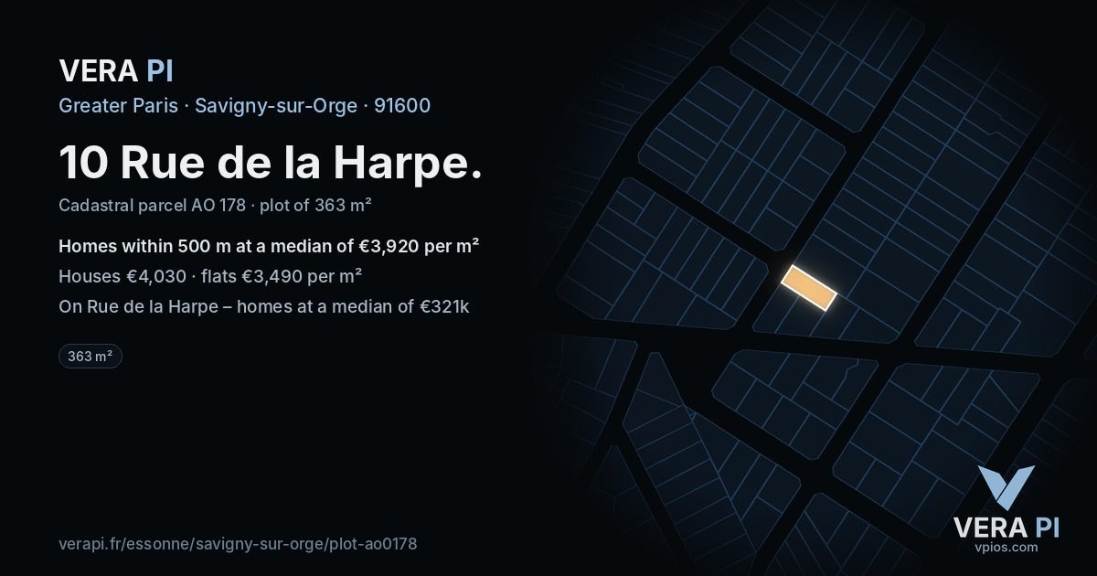 10 Rue de la Harpe, Savigny-sur-Orge at night – the plot lit, the parcels around coloured by the prices near them