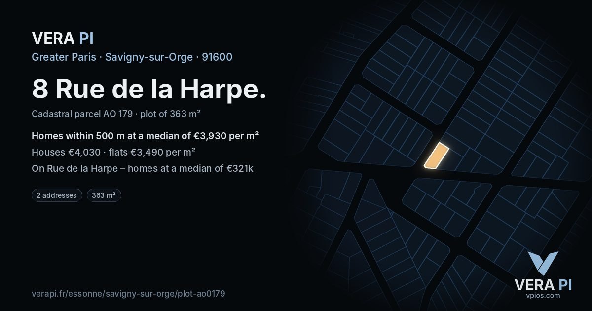 8 Rue de la Harpe, Savigny-sur-Orge at night – the plot lit, the parcels around coloured by the prices near them