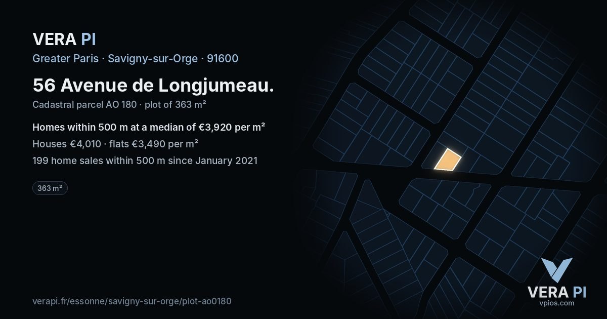 56 Avenue de Longjumeau, Savigny-sur-Orge at night – the plot lit, the parcels around coloured by the prices near them