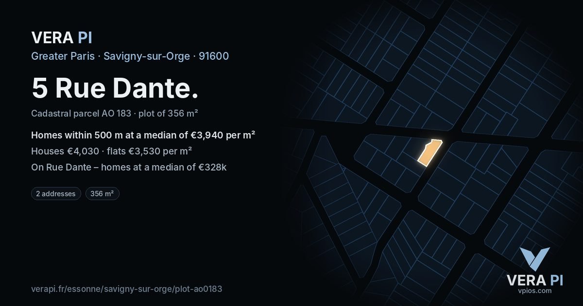 5 Rue Dante, Savigny-sur-Orge at night – the plot lit, the parcels around coloured by the prices near them