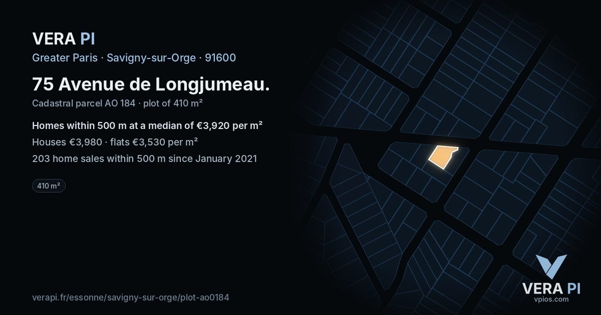 75 Avenue de Longjumeau, Savigny-sur-Orge at night – the plot lit, the parcels around coloured by the prices near them