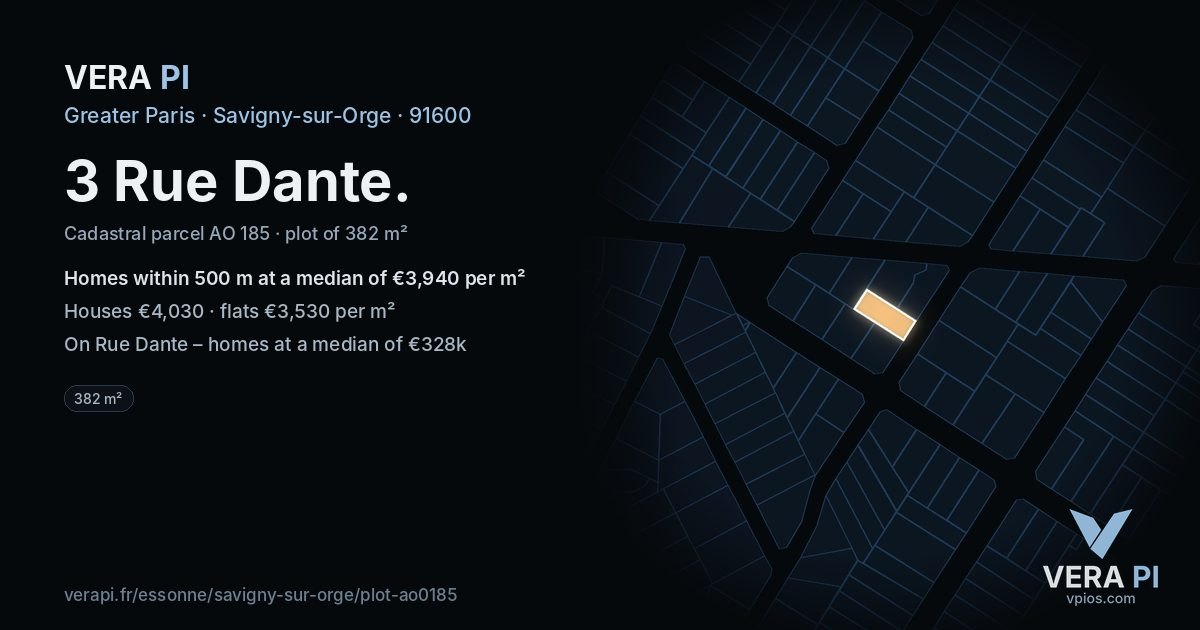 3 Rue Dante, Savigny-sur-Orge at night – the plot lit, the parcels around coloured by the prices near them