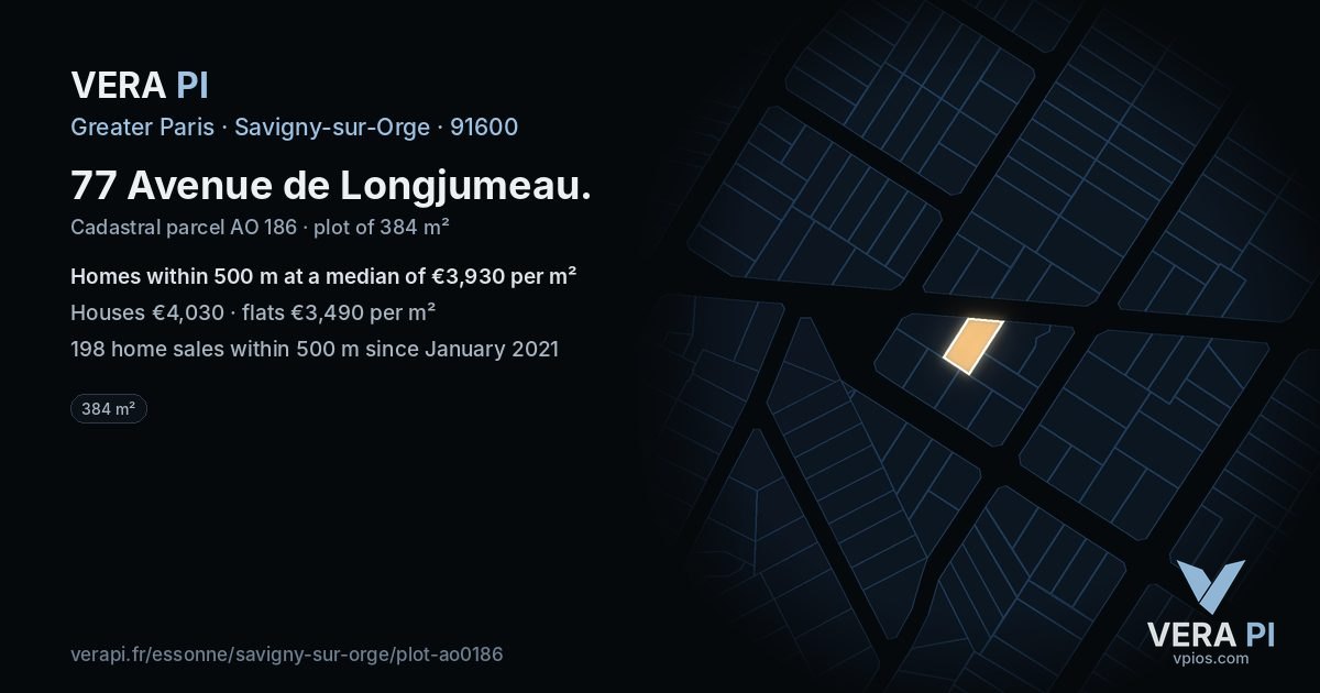 77 Avenue de Longjumeau, Savigny-sur-Orge at night – the plot lit, the parcels around coloured by the prices near them