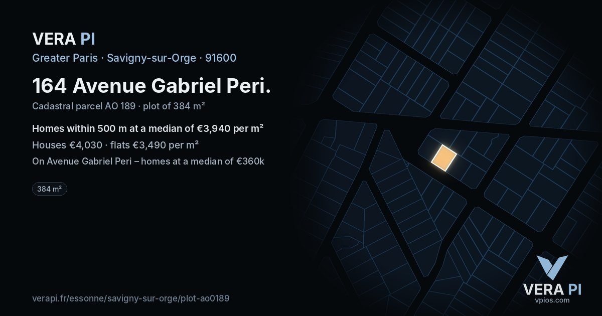 164 Avenue Gabriel Peri, Savigny-sur-Orge at night – the plot lit, the parcels around coloured by the prices near them