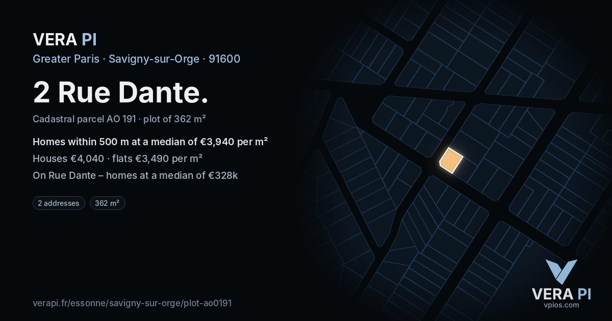 2 Rue Dante, Savigny-sur-Orge at night – the plot lit, the parcels around coloured by the prices near them