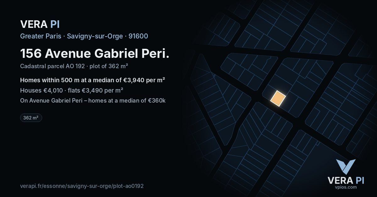156 Avenue Gabriel Peri, Savigny-sur-Orge at night – the plot lit, the parcels around coloured by the prices near them