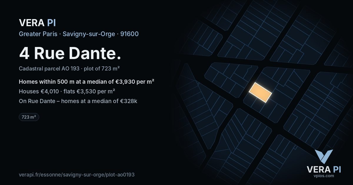 4 Rue Dante, Savigny-sur-Orge at night – the plot lit, the parcels around coloured by the prices near them