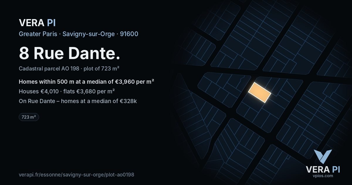 8 Rue Dante, Savigny-sur-Orge at night – the plot lit, the parcels around coloured by the prices near them
