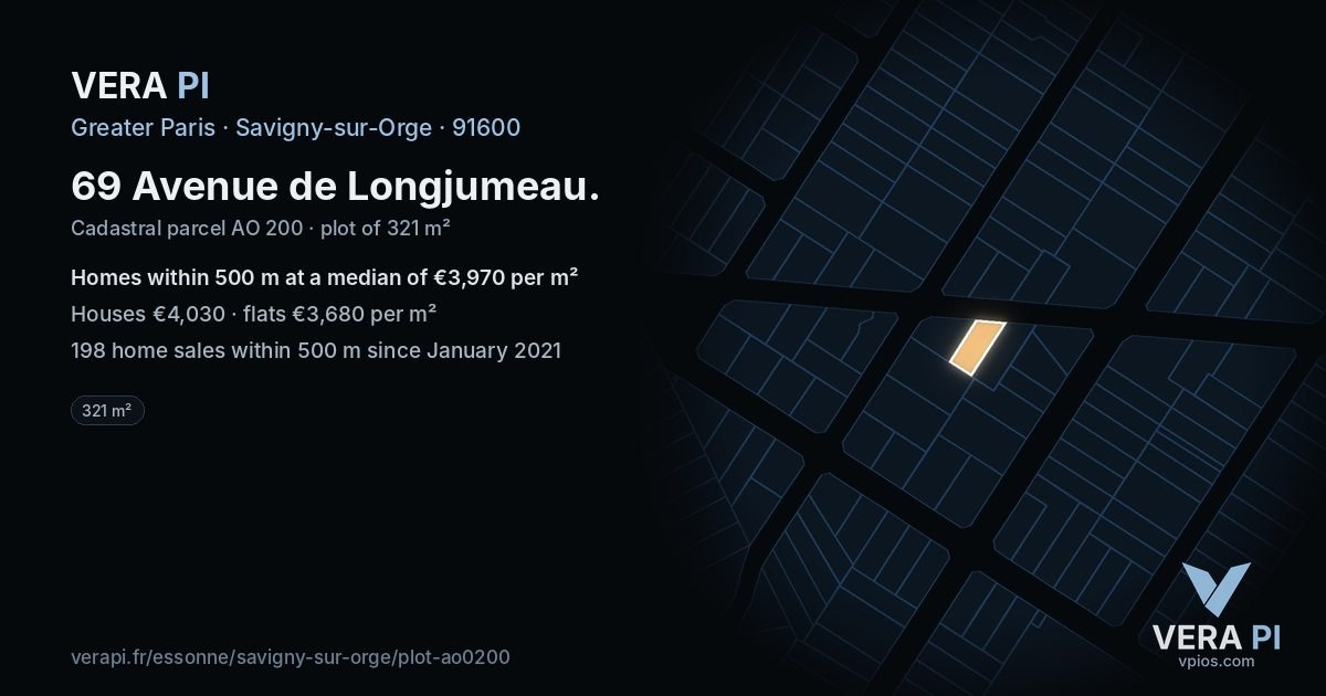 69 Avenue de Longjumeau, Savigny-sur-Orge at night – the plot lit, the parcels around coloured by the prices near them