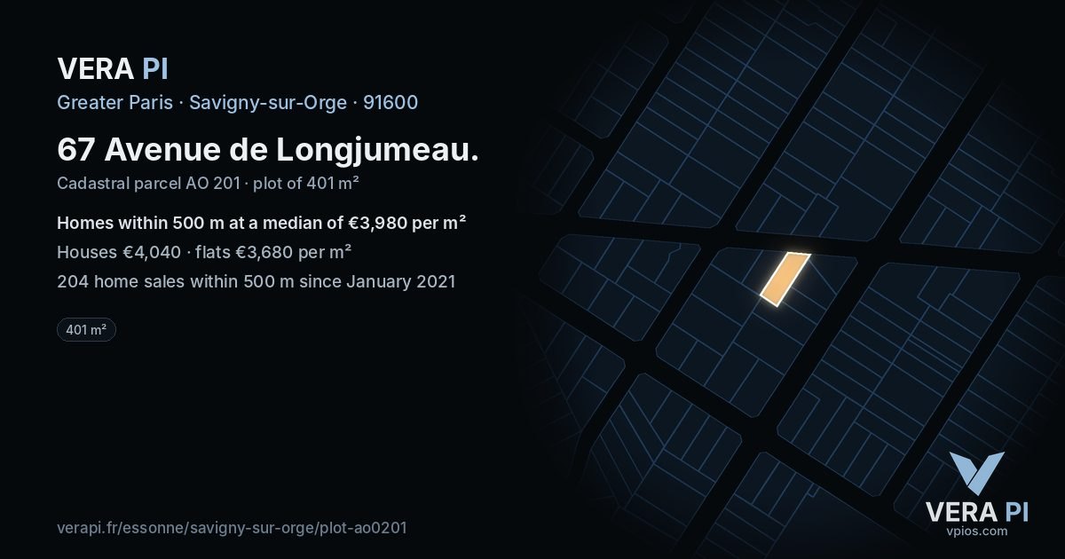 67 Avenue de Longjumeau, Savigny-sur-Orge at night – the plot lit, the parcels around coloured by the prices near them