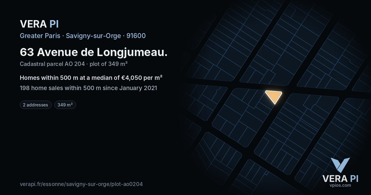 63 Avenue de Longjumeau, Savigny-sur-Orge at night – the plot lit, the parcels around coloured by the prices near them