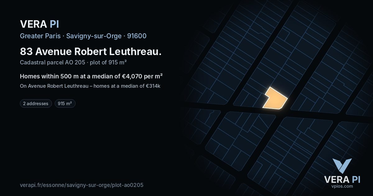 83 Avenue Robert Leuthreau, Savigny-sur-Orge at night – the plot lit, the parcels around coloured by the prices near them