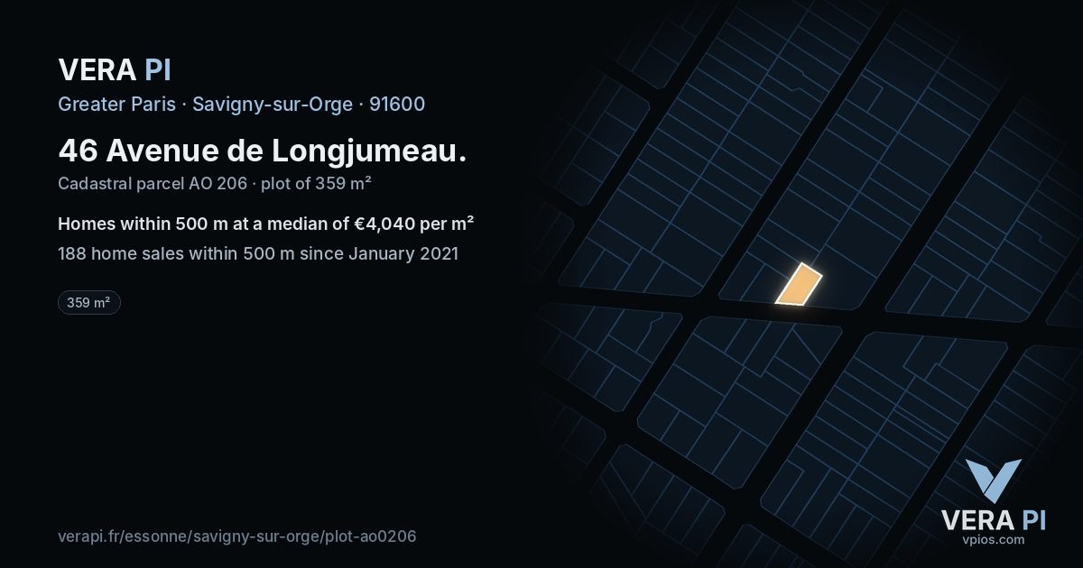 46 Avenue de Longjumeau, Savigny-sur-Orge at night – the plot lit, the parcels around coloured by the prices near them