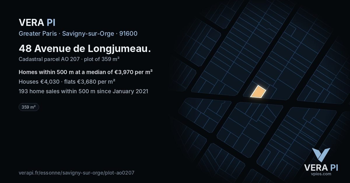 48 Avenue de Longjumeau, Savigny-sur-Orge at night – the plot lit, the parcels around coloured by the prices near them