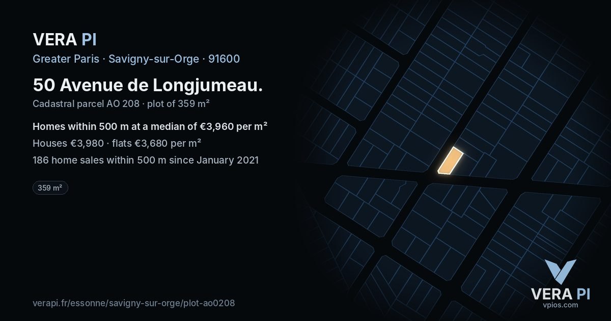 50 Avenue de Longjumeau, Savigny-sur-Orge at night – the plot lit, the parcels around coloured by the prices near them