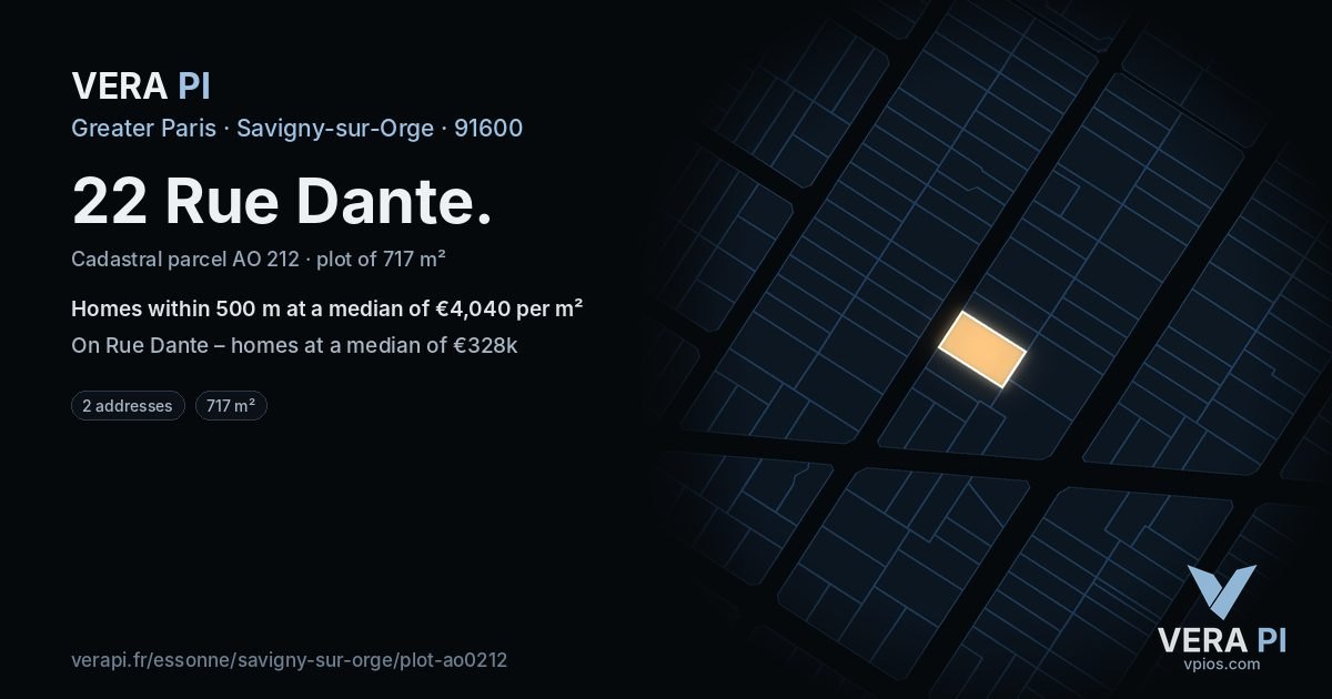 22 Rue Dante, Savigny-sur-Orge at night – the plot lit, the parcels around coloured by the prices near them