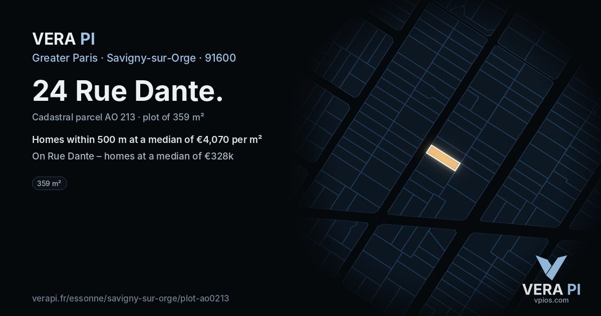 24 Rue Dante, Savigny-sur-Orge at night – the plot lit, the parcels around coloured by the prices near them