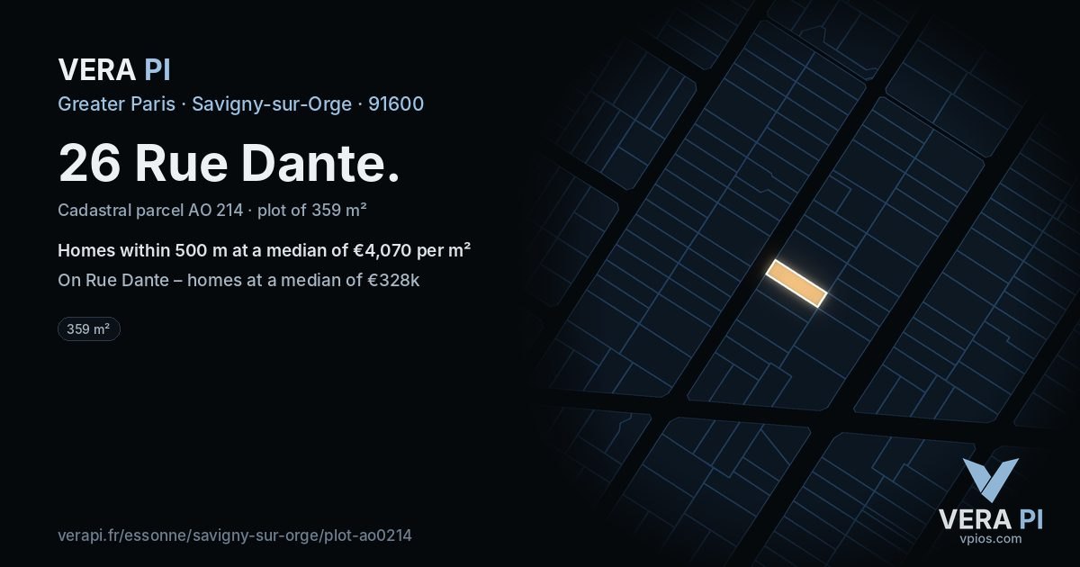 26 Rue Dante, Savigny-sur-Orge at night – the plot lit, the parcels around coloured by the prices near them